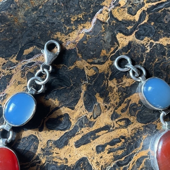 Sterling Silver 925 Turquoise/Tiger Eye/Carnelian/Blue Chalcedony Bracelet - Picture 4 of 11